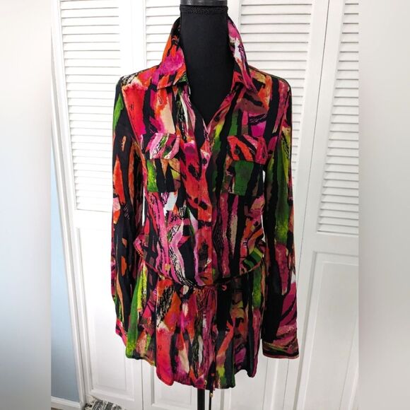 Calvin Klein Top Women S Kaleidescope Tropical Colors Art to Wear Red Long Slv - Picture 1 of 13